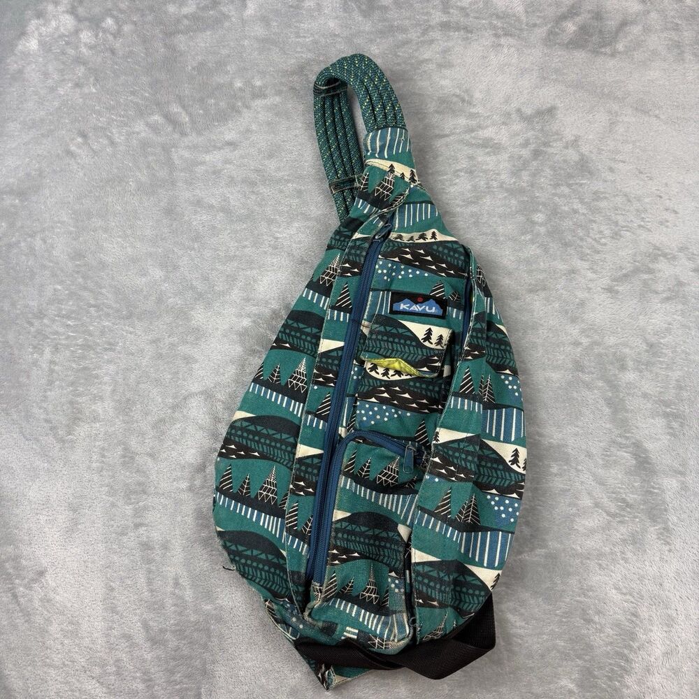 KAVU Rope Sling Bag Teal Geometric Mountain Print Crossbody Backpack